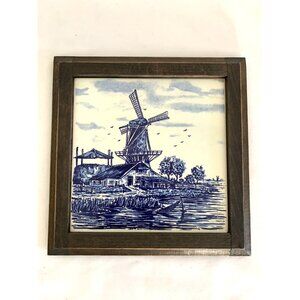 Vtg Dutch Delft Blue Tableau TILE Windmill Boats in Frame Holland 7.6” Square
